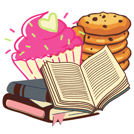 Cartoon of books, cupcakes and cookies