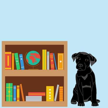 Cartoon of a bookshelf and a black dog