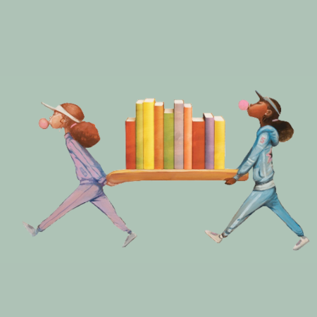 Two girls blowing bubbles and carrying books