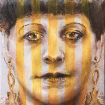 Florence Henri painting woman's face with gold strips. 