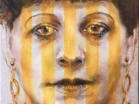 Florence Henri painting woman's face with gold strips. 