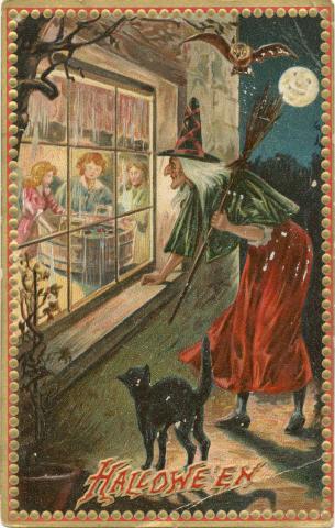 Old-fashioned postcard of a witch looking in a window at children