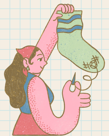 Graphic of woman darning a stock