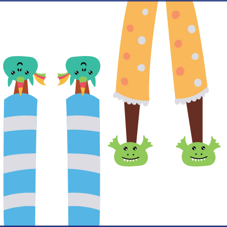 Cartoon image of legs in pajamas and silly slippers