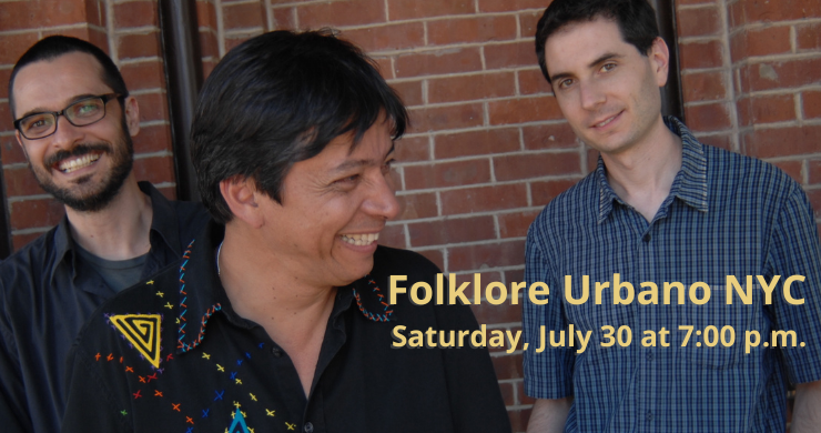 Folklore Urbano NYC slide showing three men and the date: Saturday July 30 at 7:00pm